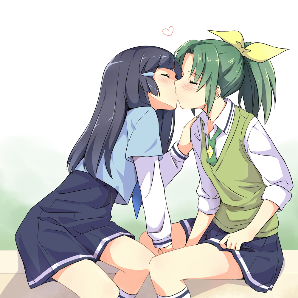 10s, 2girls, aoki_reika, bad_id, bad_pixiv_id, between_legs, black_hair, blush