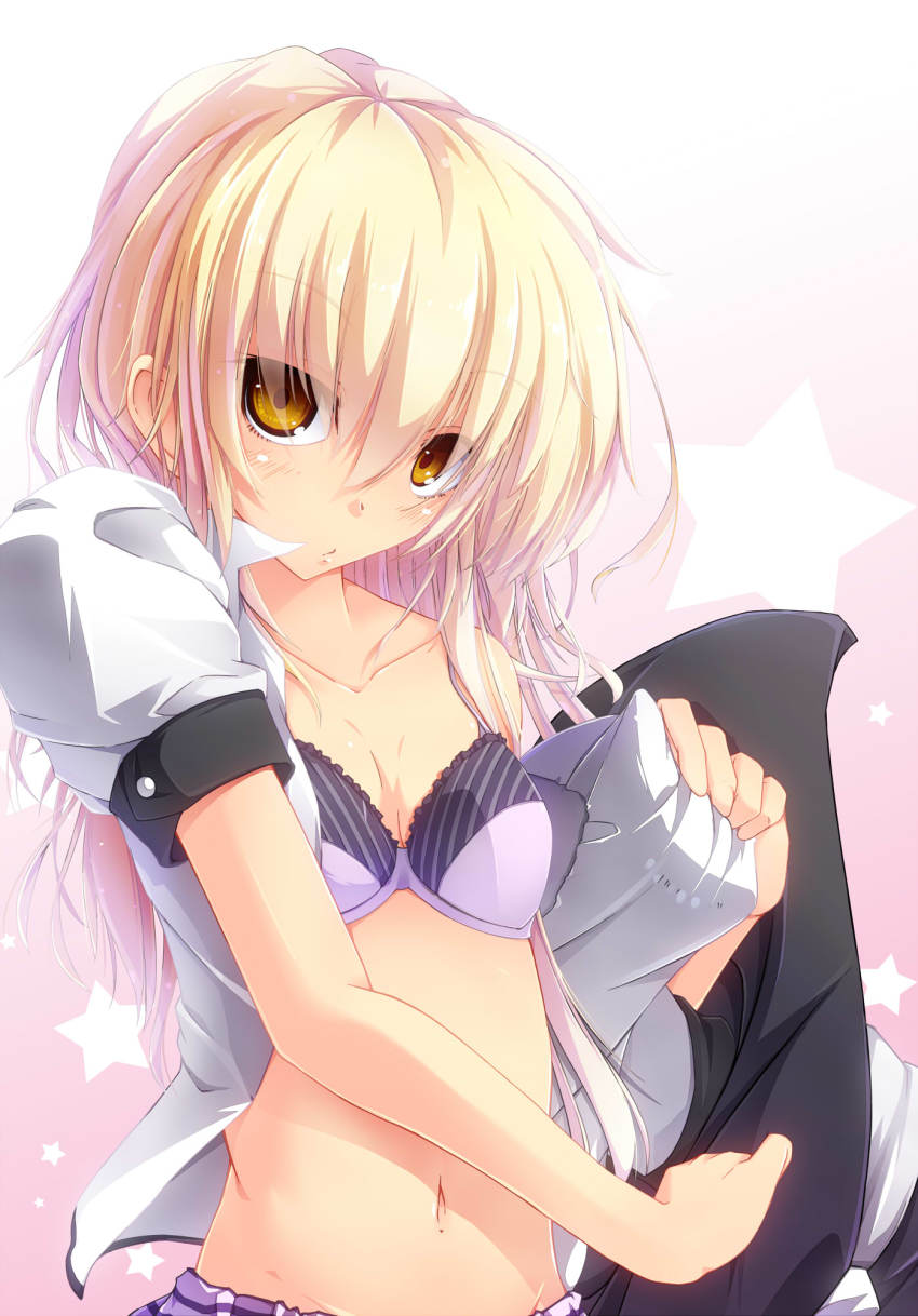 1girl, blonde_hair, blush, bra, female_focus, gradient_hair, hat, unworn_hat