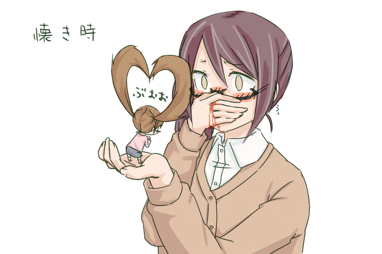 2girls, blood, blush, brown_hair, chibi, covering_privates, covering_face, covering_own_eyes