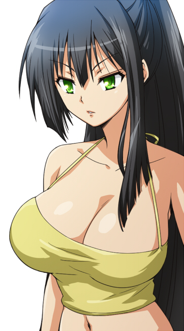 10s, 1girl, bare_shoulders, black_hair, breasts, cleavage, female_focus, green_eyes