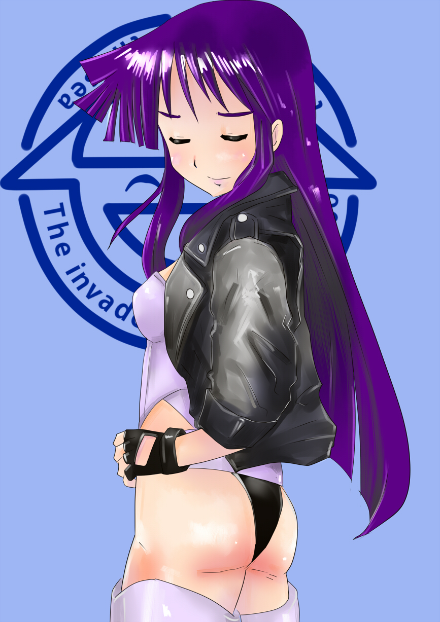 1girl, aizawa_chizuru, closed_eyes, cosplay, female_focus, fingerless_gloves, ghost_in_the_shell, ghost_in_the_shell:_stand_alone_complex, gloves, highleg, highleg_leotard, highres, hyakute_gyojin, jacket, kategori, kusanagi_motoko, kusanagi_motoko_(cosplay), laughing_man_(gits), leotard, logo, long_hair, purple_hair, shinryaku!_ikamusume, solo, thighhighs