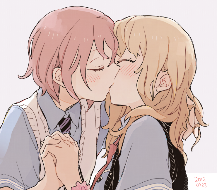 2012, 2girls, blonde_hair, blush, closed_eyes, couple, dated, holding_hands