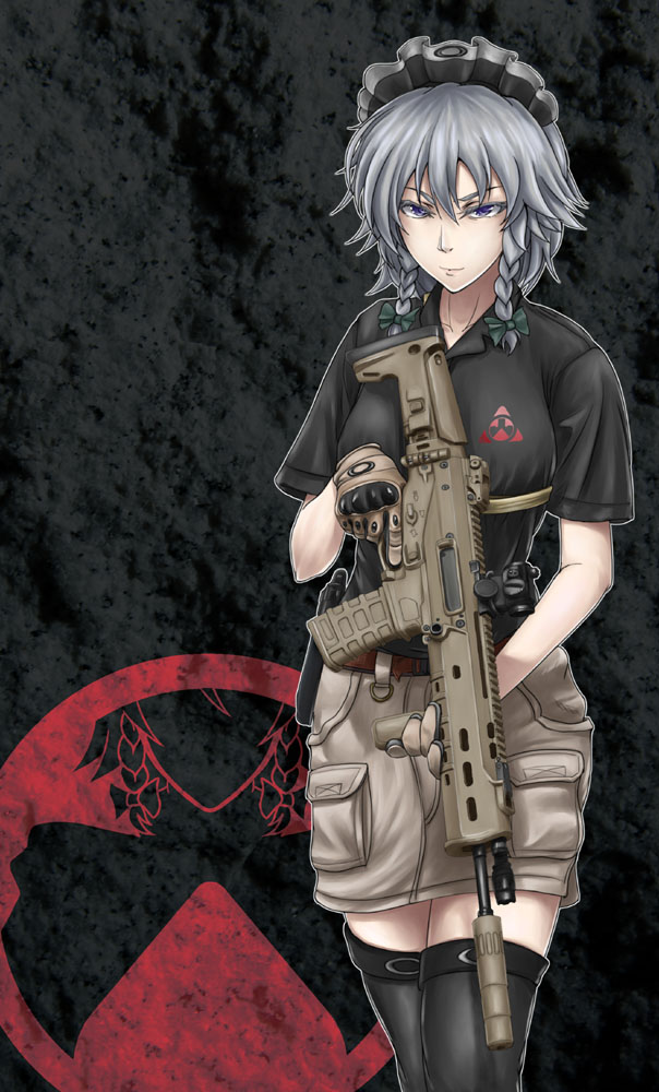 1girl, assault_rifle, belt, black_background, black_thighhighs, blue_eyes, braid, adaptive_combat_rifle