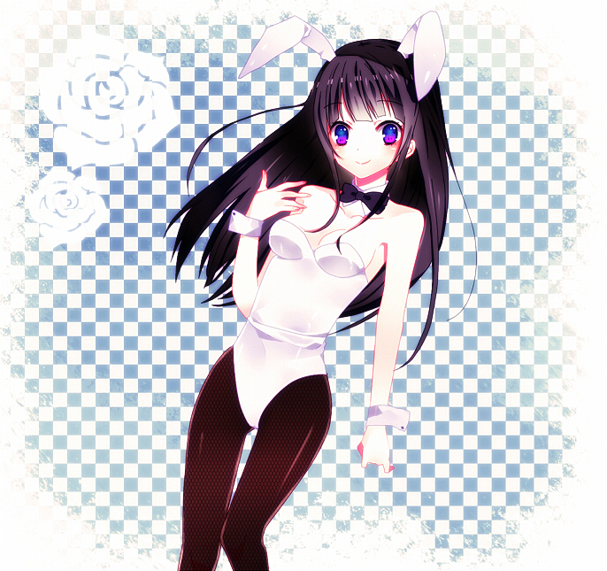 10s, 1girl, animal_ears, black_hair, bow, bowtie, chitanda_eru, detached_collar, fake_animal_ears, hyouka, long_hair, lotton, pantyhose, playboy_bunny, purple_eyes, rabbit_ears, wrist_cuffs