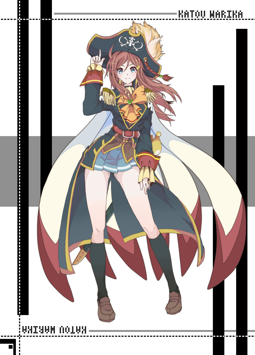 1girl, ascot, belt, blue_eyes, blush, cape, epaulettes, female_focus, fuyunohajime, hat, hat_feather, hat_tip, highres, katou_marika, long_hair, miniskirt_pirates, pink_hair, pirate_costume, pirate_hat, school_uniform, skirt, skull_and_crossbones, smile, solo, sword, weapon