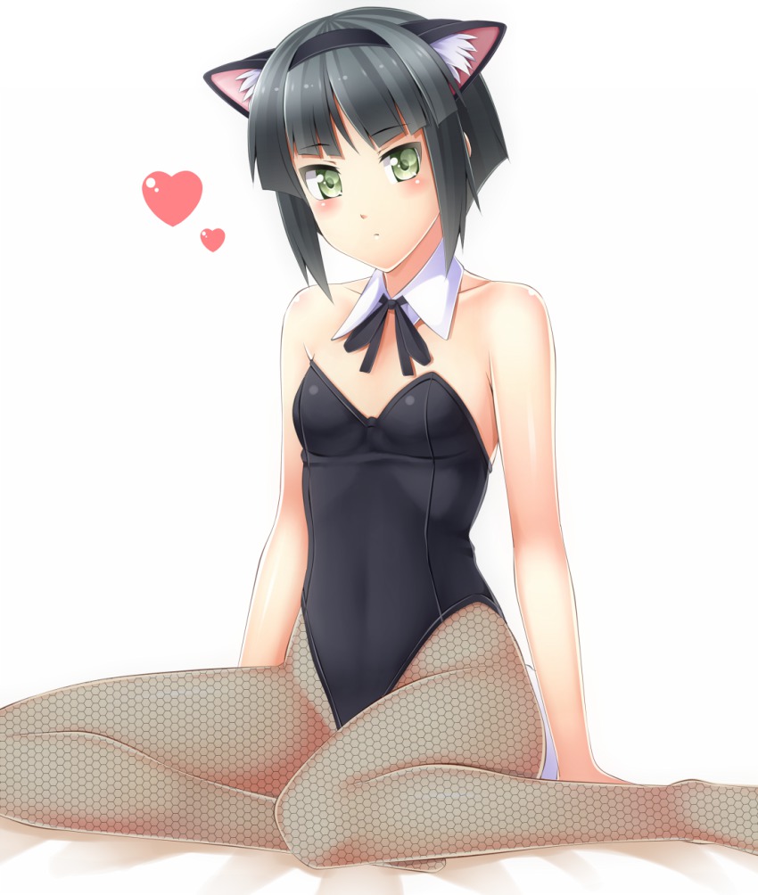 1girl, bad_id, bad_pixiv_id, black_hair, detached_collar, female_focus, fishnet_pantyhose, fishnets, green_eyes, highres, jikkyou_powerful_pro_yakyuu, kittysuit, komimiyako, leotard, nontraditional_playboy_bunny, pantyhose, power_pocket_koushien, power_pro-kun_pocket_7, power_pro-kun_pocket, ribbon, serizawa_mao, short_hair, solo