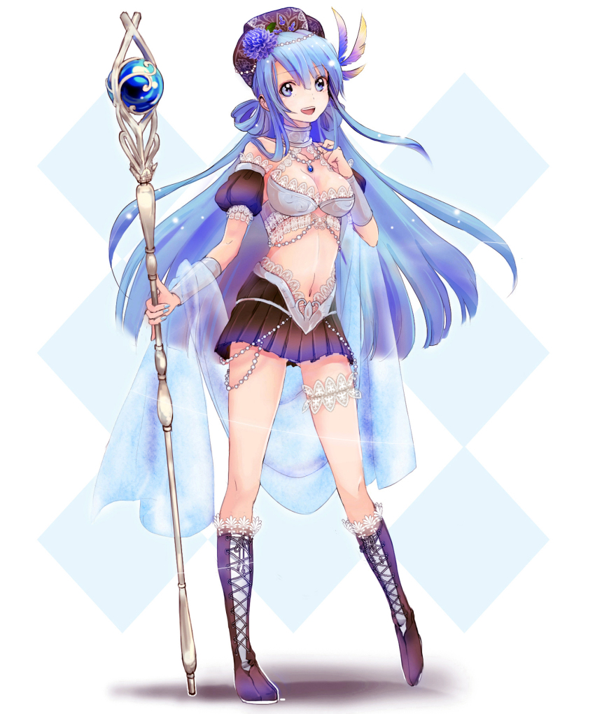 1girl, bare_shoulders, blue_hair, boots, breasts, cleavage, female_focus, flower, hair_flower, hair_ornament, harlem_heart, hat, highres, jewelry, knee_boots, lace-up_boots, light_particles, long_hair, midriff, navel, open_mouth, orb, original, smile, solo, staff, standing, tanedahiwa_(carduelini), veil, very_long_hair, weapon