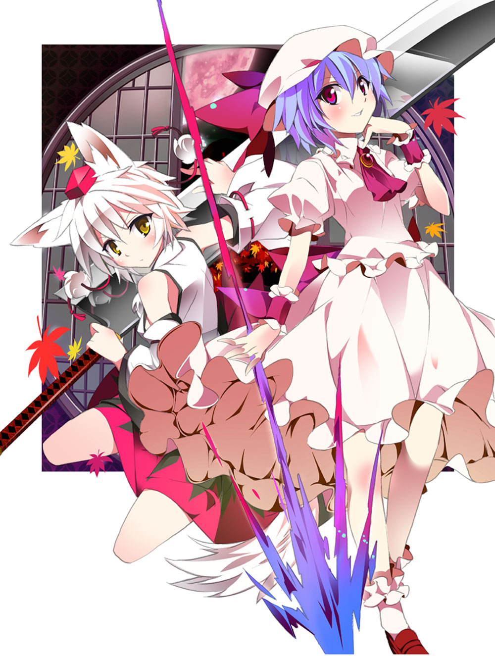 2girls, animal_ears, ascot, brooch, brown_eyes, female_focus, hat, highres