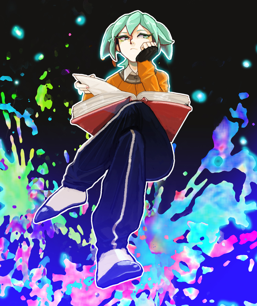 1boy, baggy_pants, book, fei_rune, fingerless_gloves, gloves, green_eyes, green_hair