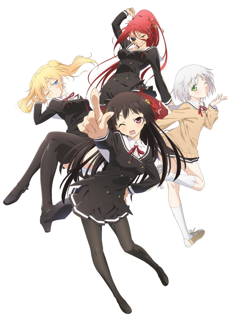 10s, 4girls, :d, ;d, adjusting_hair, bell, black_hair, black_socks