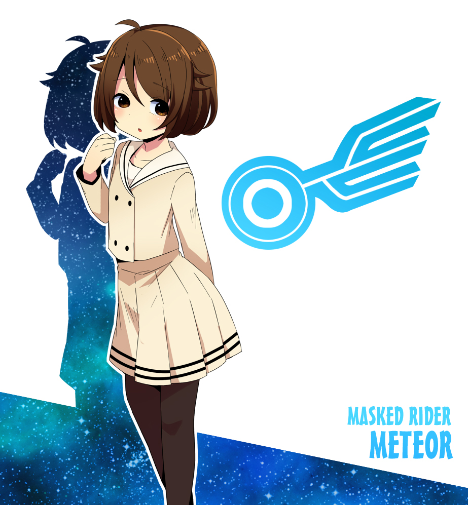 1girl, bad_id, bad_pixiv_id, brown_eyes, brown_hair, brown_pantyhose, female_focus, genderswap, genderswap_(mtf), kamen_rider, kamen_rider_fourze_(series), mogiki_hayami, pantyhose, sakuta_ryuusei, school_uniform, short_hair, solo, thighhighs