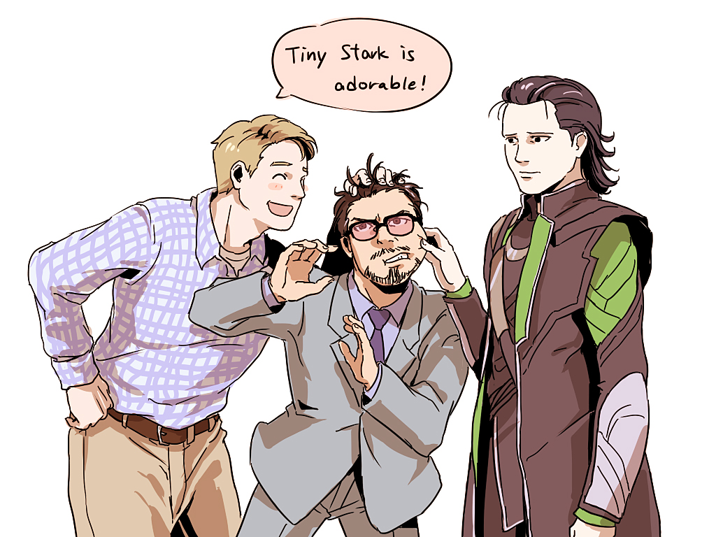 3boys, ^_^, animification, avengers_(series), black_hair, blonde_hair, blush, cheek_pull