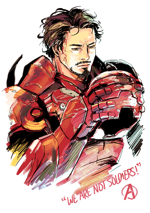 1boy, armor, avengers_(series), black_hair, blood, facial_hair, unworn_headwear, helmet