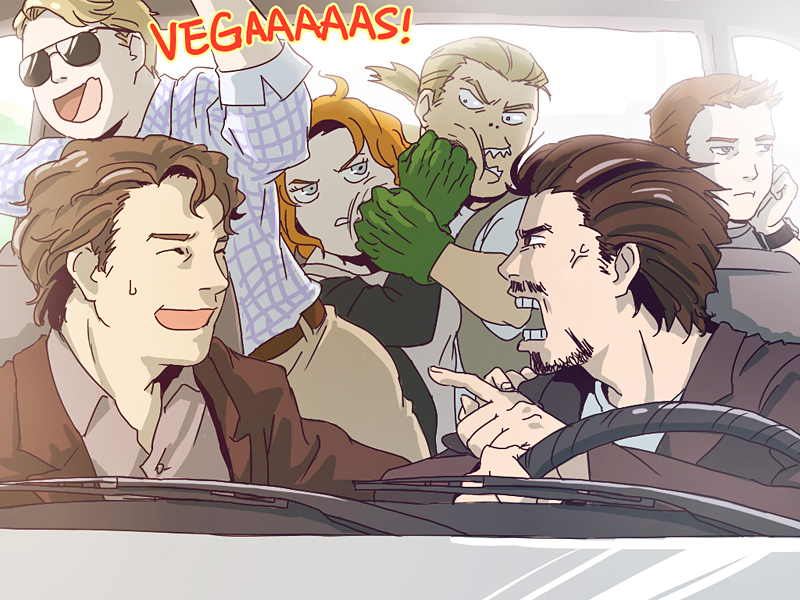 1girl, 5boys, :p, alternate_costume, anger_vein, angry, animification, avengers_(series)