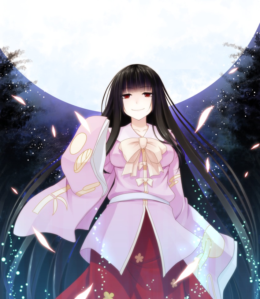 1girl, black_hair, crote, female_focus, full_moon, highres, houraisan_kaguya, long_hair