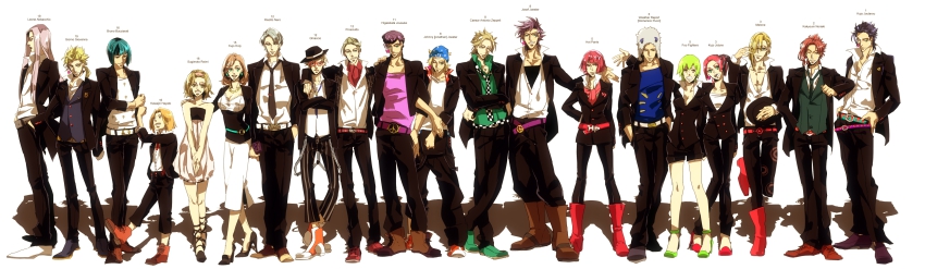 5girls, 6+boys, absurdres, aqua_hair, bad_id, bad_pixiv_id, battle_tendency, black_pants, blazer, blonde_hair, blunt_bangs, boots, breasts, bruno_bucciarati, caesar_anthonio_zeppeli, diamond_is_not_crash, double_bun, dress, dress_shirt, earrings, everyone, fabulous, father_and_child, father_and_son, foo_fighters_(jojo), formal_clothes, frills, gakuran, ghiaccio, giorno_giovanna, glasses, green_eyes, grey_hair, hair_bun, hairband, hat, higashikata_josuke, high_heels, highres, hot_pants_(sbr), jacket, jewelry, johnny_joestar, jojo_no_kimyou_na_bouken, joseph_joestar, joseph_joestar_(young), kakyoin_noriaki, kawajiri_hayato, kuujou_holly, kuujou_jolyne, kuujou_joutarou, leone_abbacchio, long_hair, long_image, mad369, male_focus, medium_breasts, melone, multicolored_hair, multiple_boys, multiple_girls, necklace, necktie, one_eye_closed, open_mouth, pants, parent_and_child, pink_hair, pompadour, prosciutto_(jojo), purple_hair, red_footwear, risotto_nero, school_uniform, shirt, shoes, short_hair, shorts, simple_background, skirt, small_breasts, stardust_crusaders, steel_ball_run, stone_ocean, striped, sugimoto_reimi, suit, two-tone_hair, vento_aureo, vest, weather_report, white_background, wide_image, wink, yellow_eyes
