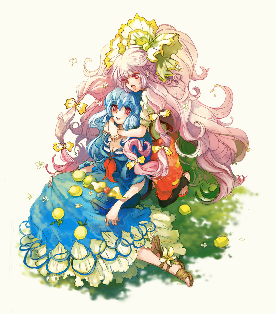 2girls, :d, bad_id, bad_pixiv_id, blue_hair, breasts, cleavage, dress