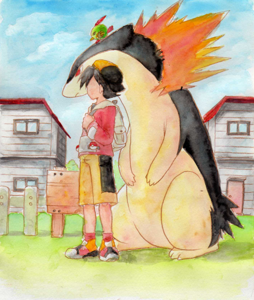 1990s_(style), 1boy, backpack, bag, baseball_cap, black_hair, ethan_(pokemon), gen_2_pokemon, hat, highres, house, nagi_(exsit00), natu, nintendo, pokemon, pokemon_(creature), pokemon_gold/silver/crystal, retro_artstyle, shorts, typhlosion