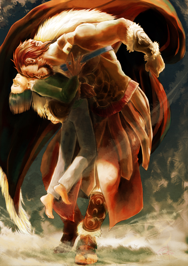 2boys, armor, barefoot, beard, black_hair, cape, dancing, eska_(cervus), closed_eyes, facial_hair, fate/zero, fate_(series), iskandar_(fate), male_focus, multiple_boys, realistic, red_hair, size_difference, waver_velvet