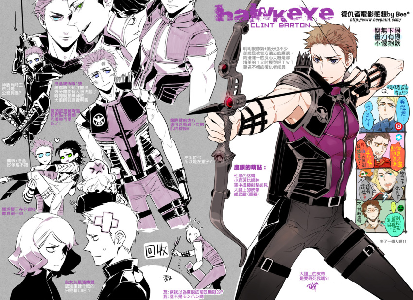 1girl, 6+boys, anger_vein, animification, arrow_(projectile), avengers_(series), bandages, beepaint, black_widow, black_widow_(marvel), bow_(weapon), brown_hair, bruce_banner, captain_america, reference_sheet, chinese_text, clint_barton, drawing_bow, fighting_stance, green_eyes, hawkeye_(marvel), holding, holding_bow_(weapon), holding_weapon, iron_man, loki_(marvel), long_hair, marvel, md5_mismatch, multiple_boys, natasha_romanoff, purple_eyes, steve_rogers, thor_(marvel), tony_stark, translation_request, weapon