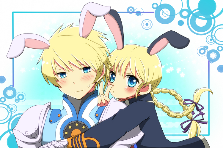 00s, 1boy, 1girl, animal_ears, armor, bad_id, bad_pixiv_id, blonde_hair, blue_background, blue_eyes, blush, braid, flynn_scifo, gloves, long_hair, missing_headwear, no_headwear, patty_fleur, potei_(kitpon), rabbit_ears, tales_of_(series), tales_of_vesperia, twin_braids, v