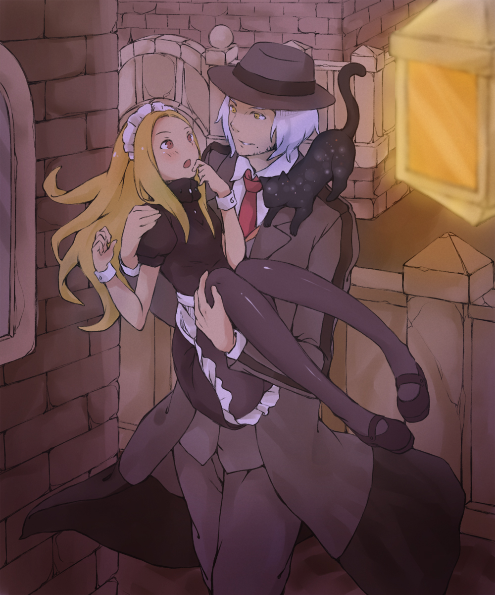1boy, 1girl, alternate_costume, ass, black_cat, blonde_hair, carrying, cat, dusty_(gravity_daze), enmaided, fedora, gravity_daze, hat, highres, kitten_(gravity_daze), long_hair, maid, maid_headdress, mary_janes, necktie, pantyhose, princess_carry, shoes, sidelocks, syd_(gravity_daze), tamaki_iori, white_hair, wrist_cuffs