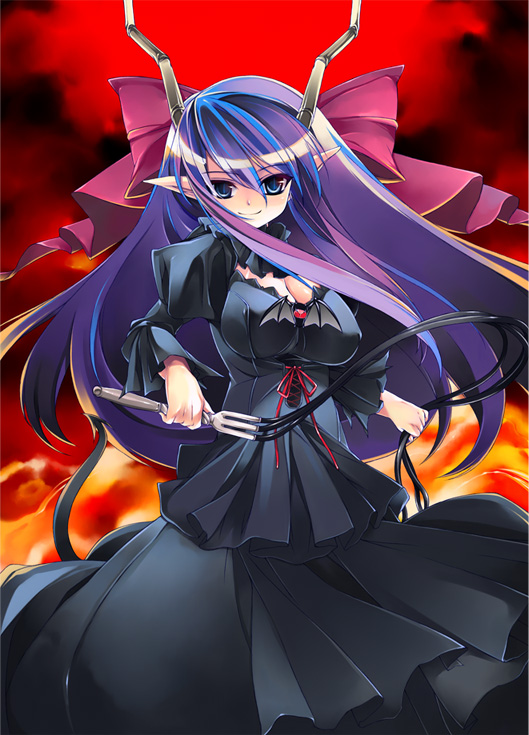 00s, 1girl, aburidashi_zakuro, blue_eyes, bow, breasts, cleavage, demon_girl, demon_tail, dress, female_focus, fire, hair_bow, horns, large_breasts, long_hair, ma_ga_ochiru_yoru, pointy_ears, purple_hair, sheliss_elleness_zurbach, smile, solo, tail, whip