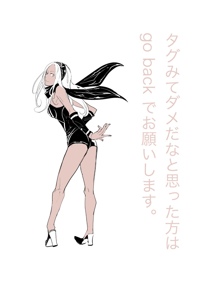 1girl, bare_shoulders, dark-skinned_female, dark_skin, dress, female_focus, from_behind, gravity_daze, high_heels, kitten_(gravity_daze), legs, long_hair, long_legs, monochrome, scarf, shoes, smile, solo, spot_color, standing, strapless, strapless_dress, translation_request, ukoz, vambraces