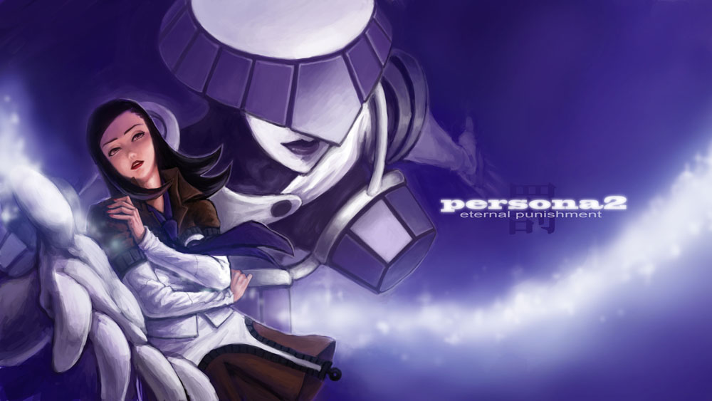 1girl, amano_maya, artemis_(persona_2), atlus, black_hair, brown_eyes, brown_skirt, copyright_name