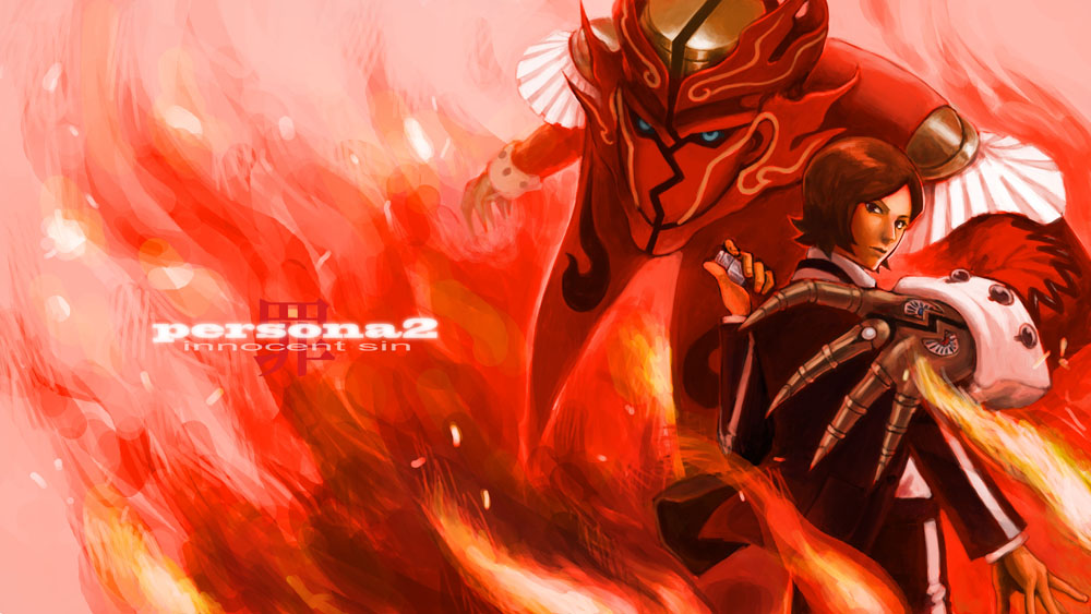 1boy, apollo_(persona_2), atlus, brown_eyes, brown_hair, copyright_name, fire, lighter