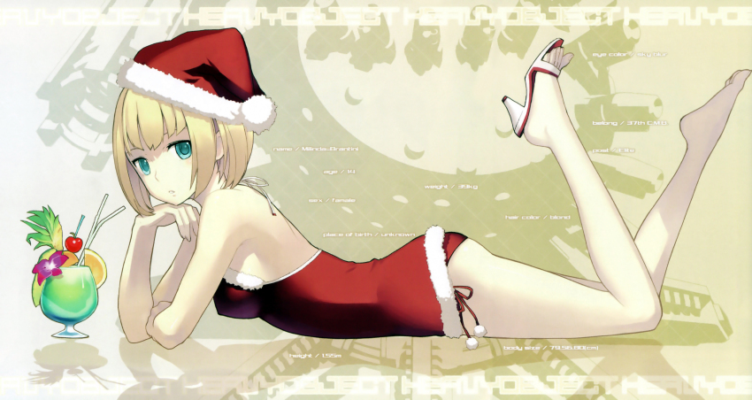 10s, 1girl, absurdres, ass, baby_magnum, bare_shoulders, barefoot, blonde_hair, breasts, christmas, covered_erect_nipples, dress, english_text, feet, female_focus, green_eyes, hat, head_rest, heavy_object, high_heel_sandals, high_heels, highres, looking_at_viewer, lying, medium_breasts, milinda_brantini, nagi_ryou, object_(vehicle), on_stomach, open_shoes, panties, pantyshot, parted_lips, red_dress, red_panties, red_skirt, sandals, santa_costume, santa_hat, shoes, short_dress, short_hair, side-tie_panties, single_shoe, skirt, solo, source_request, stats, strapless, strapless_dress, toes, underwear, upskirt