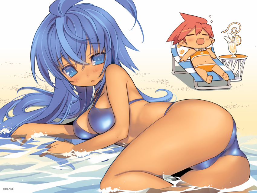 2girls, ahoge, ass, beach, bikini, blade_(galaxist), blue_bikini, blue_eyes, blue_hair, blush, breasts, chibi, cup, dark-skinned_female, dark_skin, drinking_straw, hasegawa_suzuho, large_breasts, long_hair, looking_at_viewer, lying, magician's_academy, multiple_girls, on_side, original, pointy_ears, red_hair, sand, short_hair, sleeping, swimsuit, tanarot, water