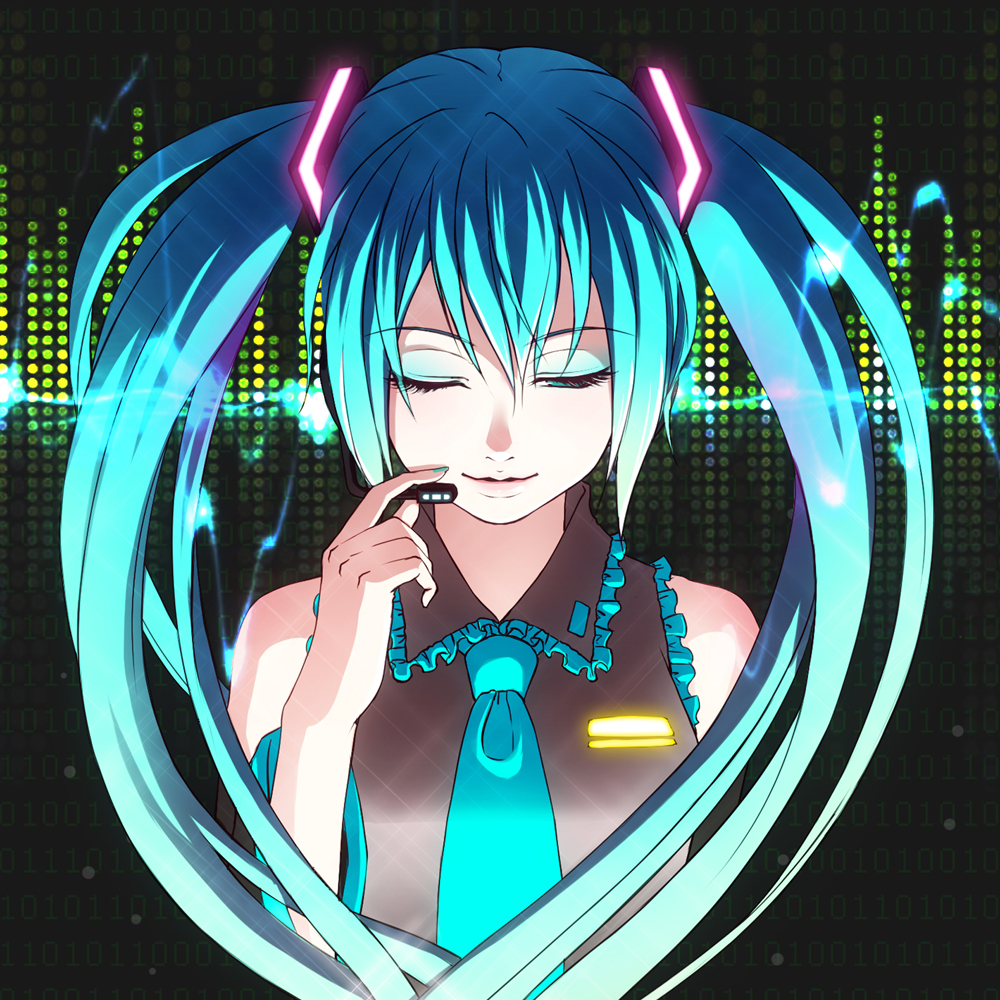 1girl, aqua_hair, catwhathk, closed_eyes, detached_sleeves, female_focus, hatsune_miku, headset