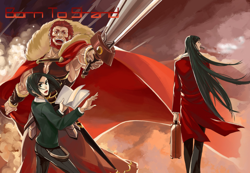 3boys, armor, beard, black_hair, book, cape, cigar, dual_persona