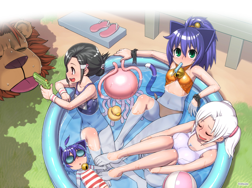00s, 1boy, 5girls, animal_ears, bare_shoulders, bikini, black_hair, blush
