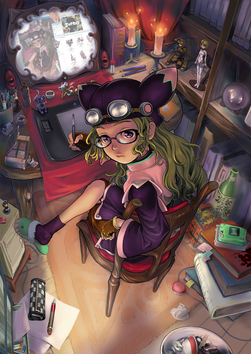 10s, 1girl, arnval, blonde_hair, busou_shinki, drawing_tablet, female_focus, fort_bragg