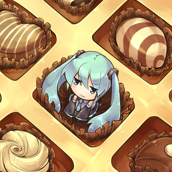 1girl, aqua_eyes, aqua_hair, candy, chocolate, chocolate_heart, female_focus, food