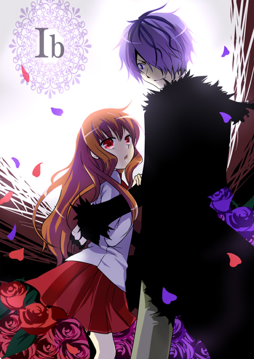 1boy, 1girl, blue_flower, blue_rose, brown_hair, flower, garry_(ib), ib_(ib), ib_(kouri), jacket, keiri_org, long_hair, petals, purple_eyes, purple_hair, red_eyes, red_flower, red_rose, rose, short_hair, skirt