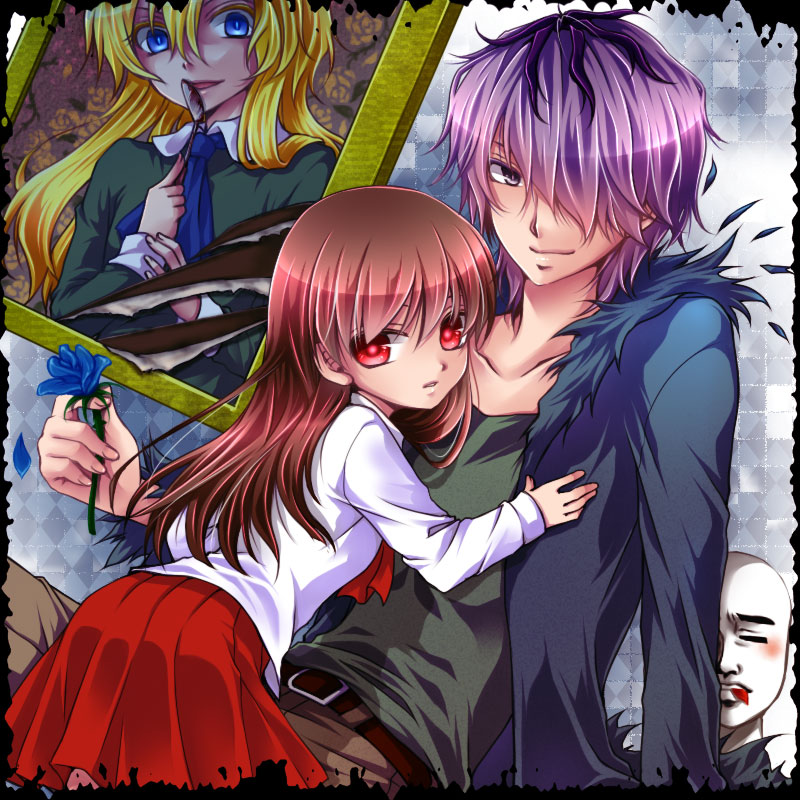 1boy, 2girls, blonde_hair, blue_eyes, blue_flower, blue_rose, brown_hair, flower