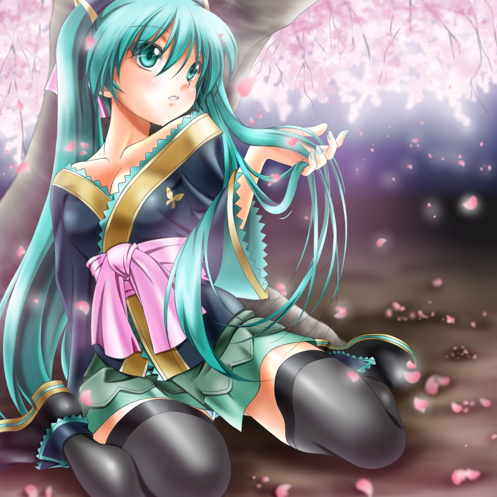 1girl, aqua_eyes, aqua_hair, cherry_blossoms, female_focus, hatsune_miku, hatsune_miku_(chou), japanese_clothes