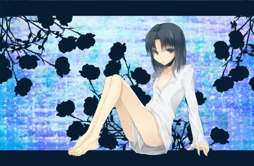 1girl, bad_id, bad_pixiv_id, barefoot, black_hair, bottomless, brown_eyes, dress_shirt