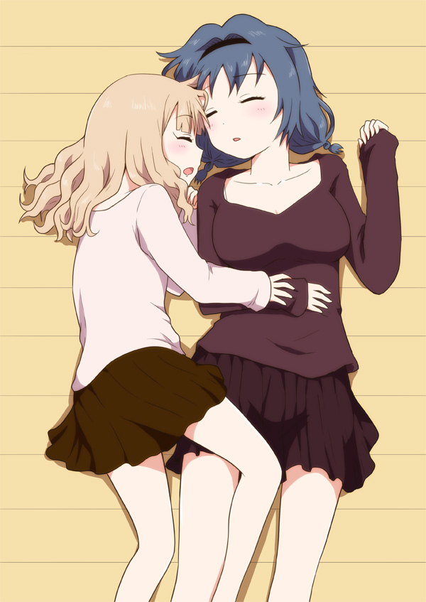 2girls, 7001, blonde_hair, blue_hair, braid, breasts, casual, collarbone