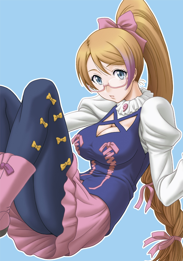 10s, 1girl, aquarion_(series), aquarion_evol, blue_eyes, boots, braid, breasts, brown_hair, cleavage, cleavage_cutout, clothing_cutout, female_focus, glasses, large_breasts, long_hair, looking_at_viewer, magatama, misnon_the_great, mix_(aquarion), orange_hair, pantyhose, ponytail, solo, suhara05