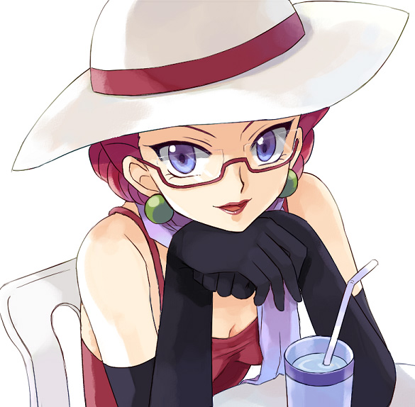 1girl, alternate_costume, alternate_hairstyle, bad_id, bad_pixiv_id, bespectacled, black_gloves, blue_eyes, breasts, cleavage, cup, drink, drinking_straw, earrings, elbow_gloves, female_focus, glasses, gloves, hat, head_rest, jessie_(pokemon), jewelry, lipstick, makeup, nintendo, pokemon, pokemon_(anime), purple_eyes, red_hair, scarf, semi-rimless_eyewear, simple_background, sitting, smile, solo, usao_(313131), white_background