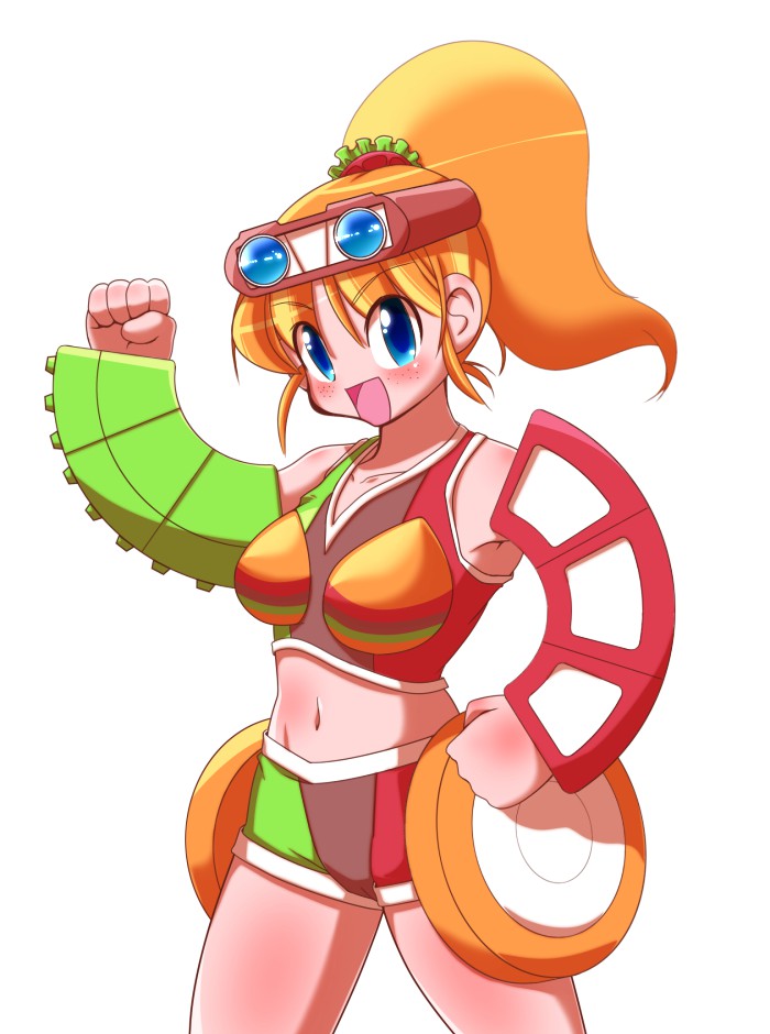 1girl, blue_eyes, burgermeal, female_focus, foodroid, kamen_rider, kamen_rider_fourze_(series), midriff