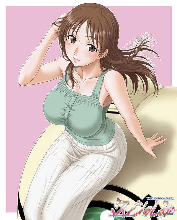 1girl, breasts, brown_eyes, brown_hair, from_above, kamisama_dolls, kukuri_(kamisama_dolls), large_breasts, long_hair, misnon_the_great, shiba_hibino, sitting, smile