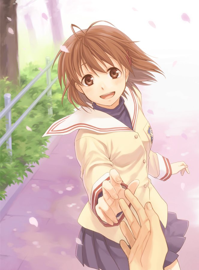 00s, 1girl, :d, brown_eyes, brown_hair, cherry_blossoms, clannad, furukawa_nagisa
