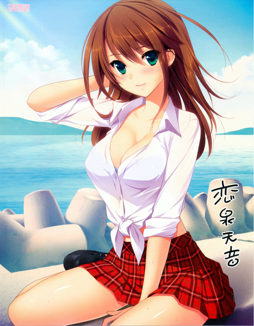 1girl, arm_behind_head, blue_bra, blush, bra, breasts, brown_hair, cleavage