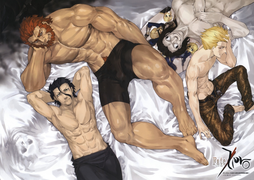 4boys, 6+boys, abs, ahoge, armor, artoria_pendragon_(fate), assassin_(fate/zero), barefoot, beard, bed_sheet, berserker_(fate/zero), black_hair, blonde_hair, boxers, diarmuid_ua_duibhne_(fate), diarmuid_ua_duibhne_(lancer)_(fate), facial_hair, fate/zero, fate_(series), gilgamesh_(fate), gilles_de_rais_(caster)_(fate), gilles_de_rais_(fate), highres, iskandar_(fate), logo, male_focus, male_underwear, manly, mask, multiple_boys, muscular, official_art, pillow, red_hair, saber_(fate), shinjirou, skull_mask, smoke, snakeskin, snakeskin_print, topless_male, under_covers, underwear