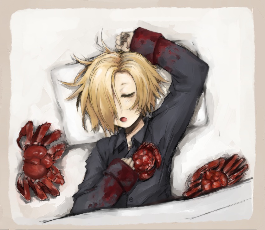10s, 1girl, bags_under_eyes, blonde_hair, closed_eyes, crab, female_focus, hair_over_one_eye